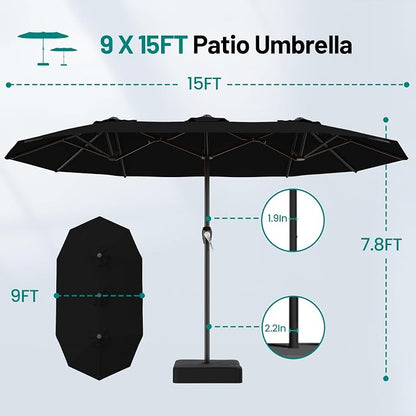 AreShark 15FT Outdoor Patio Umbrella with Crank, Large Rectangular Market Umbrella, Double-Sided Outdoor Umbrellas with Cross Base & Sandbag for Porch, Lawn, Pool, Backyard, Black