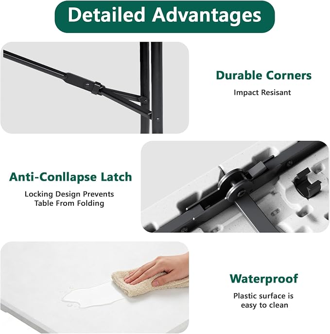 2 Pack 5ft Folding Table, Foldable Picnic Table with Carrying Handle, Heavy Duty Fold-in-Half Portable Table for Weddings, Camping, RV Travel, Parties, and Indoor Use, Easy to Fold and Store, White