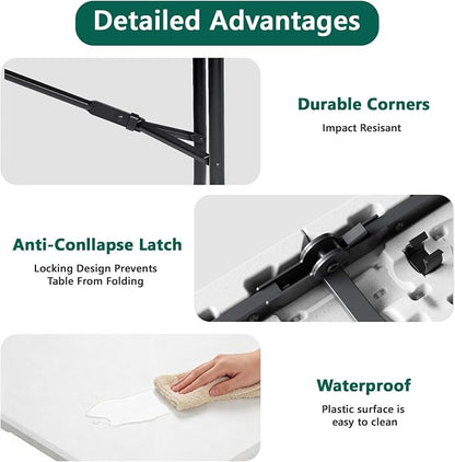 2 Pack 5ft Folding Table, Foldable Picnic Table with Carrying Handle, Heavy Duty Fold-in-Half Portable Table for Weddings, Camping, RV Travel, Parties, and Indoor Use, Easy to Fold and Store, White