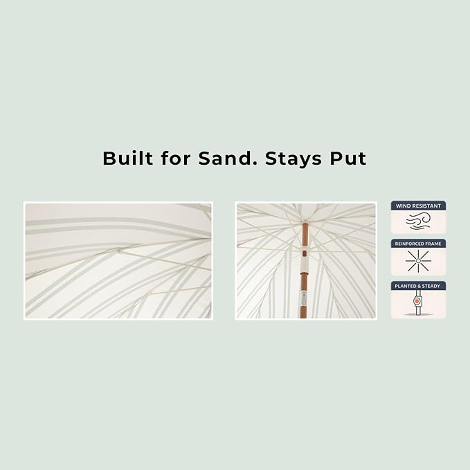 6FT Striped Fringe Beach Umbrella, Sand Anchor, UPF 50+ Sun Shade | Adjustable Tilt & Portable Design, Coastal Umbrella for Beach & Patio, Heritage Ocean Cypress Stripe