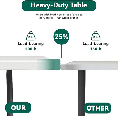 6FT Folding Table, Heavy Duty Plastic Fold-in-Half Utility Table with Handle, Portable Camping Picnic Table with Steel Legs for Indoor Outdoor Party, Dining, White,2 Pack
