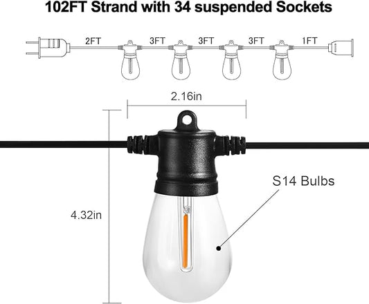 Banord 102FT Outdoor String Lights, Waterproof Patio Lights with 35 Shatterproof LED Bulb Hanging Light String, Black String Light Vintage Party Lights for Garden, Backyard, Porch, Cafe, Deck, Wedding
