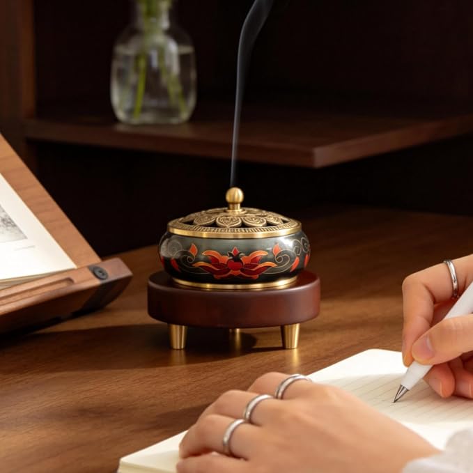 Brass Incense Burner Set with Agarwood Coils, Vintage Bakhoor Resin Burner | Japanese Style Incense Holder; Ideal for Zen & Meditation; Unique Home & Office Decor. Versatile Burner for Most Incense