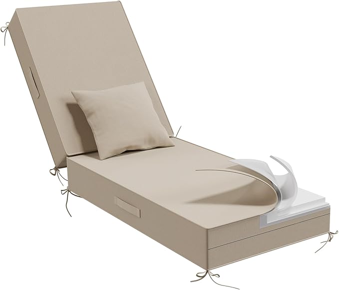Outdoor Water-Resistant Olefin Chaise Lounge Cushions with Pillow, Weather and Fade Resistant Patio Furniture Lounge Chair Cushion Ideal for Patio, Lawn, Gray Apricot, 80" L x 26" W x 5" T