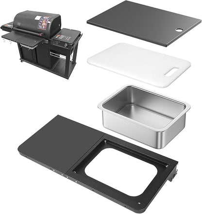 Utheer Upgraded Folding Front Shelf for Traeger Woodridge Pro, Woodridge Pro Plus, Woodridge Elite & Ironwood/Ironwood XL Pellet Grill, 28" BBQ Prep Table with Cutting Board, Basin & 4 Hooks