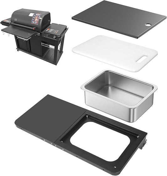 Utheer Upgraded Folding Front Shelf for Traeger Woodridge Pro, Woodridge Pro Plus, Woodridge Elite & Ironwood/Ironwood XL Pellet Grill, 28" BBQ Prep Table with Cutting Board, Basin & 4 Hooks