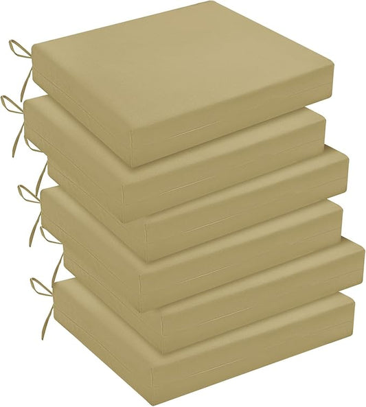 downluxe Outdoor Chair Cushions Set of 6 for Patio Furniture, Water-Resistant Square Corner Patio Chair Cushions with Ties, High Density Foam Outdoor Seat Cushion, 18.5" X 16" X 3", Khaki