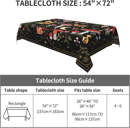 Mushroom Tablecloth Washable Waterproof Moth Gothic Witchy Table Cover for Kitchen Dining Room Picnic Party BBQ Wedding, Rectangle 54x72 Inch Black Table Cloth