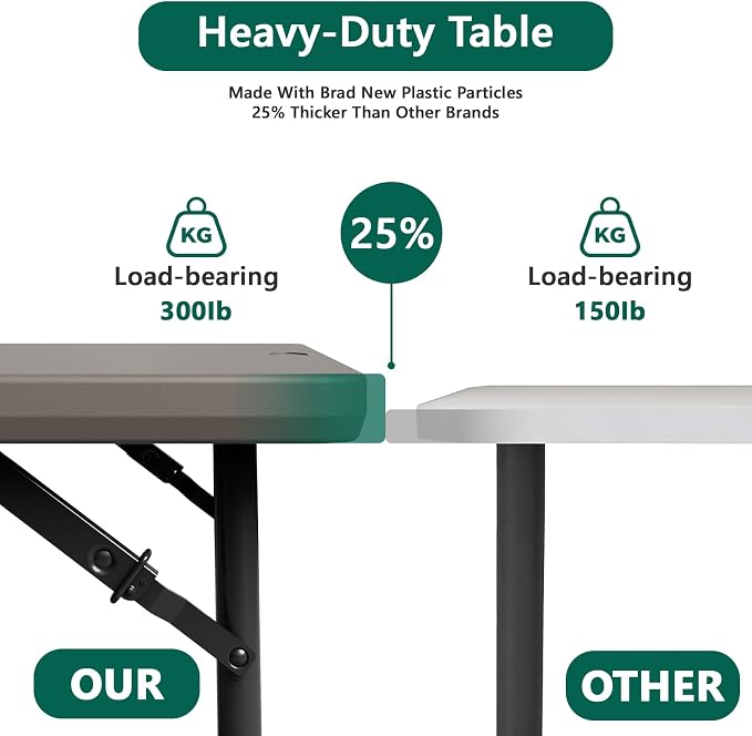Folding Table, 4FT Foldable Picnic Table with Adjustable Height, Heavy Duty Fold-in-Half Portable Table for Weddings, Camping, RV Travel, Parties, BBQs, and Indoor Use, Easy to Fold and Store, Khaki