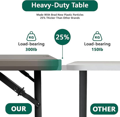 Folding Table, 4FT Foldable Picnic Table with Adjustable Height, Heavy Duty Fold-in-Half Portable Table for Weddings, Camping, RV Travel, Parties, BBQs, and Indoor Use, Easy to Fold and Store, Khaki