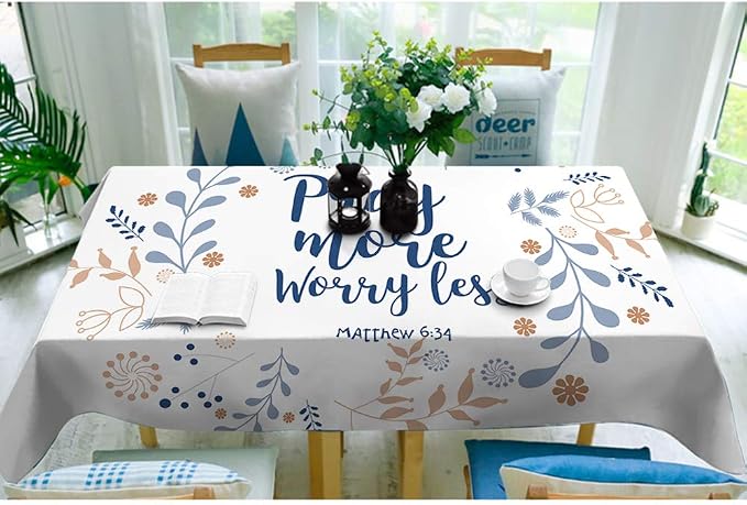 Moslion Pray More Worry Less Tablecloth 52x70 Inch Rectangle Tablecloth for Kitchen Dinning Room