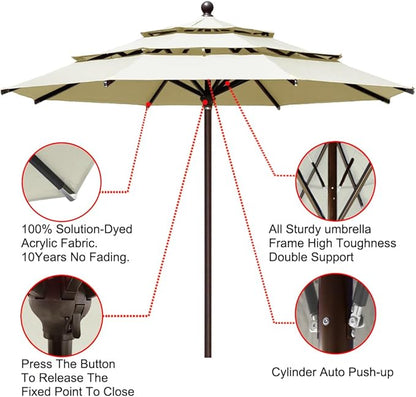 EliteShade USA 10-Year-Non-Fading 11ft 3-Tier Market Patio Umbrella, Commercial Grade Outdoor Table Umbrella with Cylinder Push-Up, Windproof & UPF 50+ UV Protection, Heavy Duty Ventilation for Garden, Deck, Pool, Backyard, Beach & Bistro, Natural