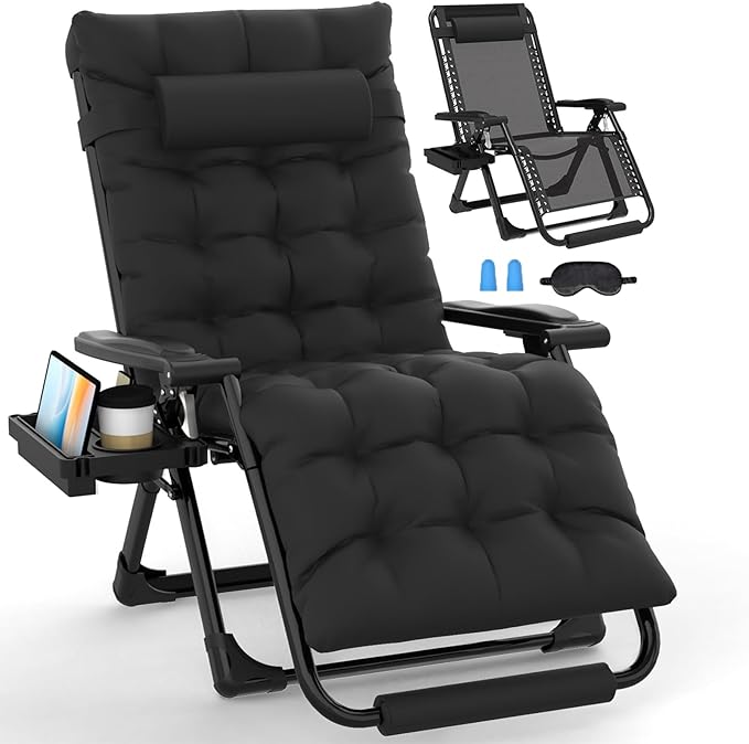 Slendor Oversized Zero Gravity Chairs XL, 29in Padded Recliner Chair, Black | Reclining Lounge Chair, Folding Anti Gravity Chairs w/Aluminum Alloy Lock,Headrest,Cup Holder, Support 440lbs,for Lawn Patio