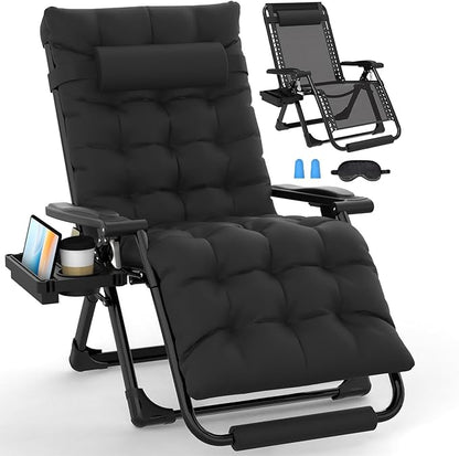 Slendor Oversized Zero Gravity Chairs XL, 29in Padded Recliner Chair, Black | Reclining Lounge Chair, Folding Anti Gravity Chairs w/Aluminum Alloy Lock,Headrest,Cup Holder, Support 440lbs,for Lawn Patio