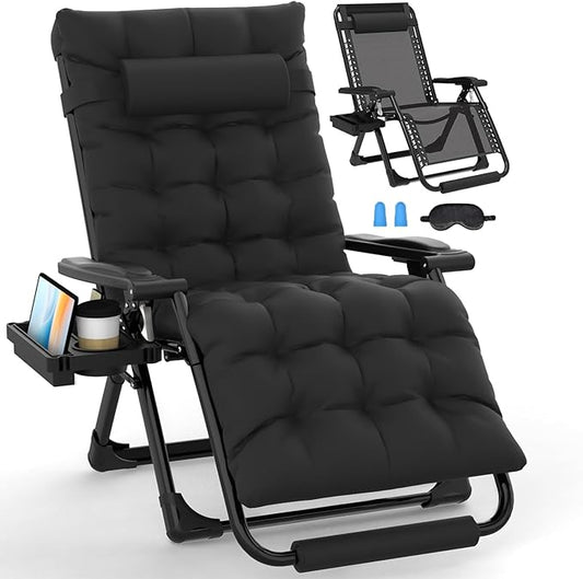 Slendor Oversized Zero Gravity Chairs XL, 29in Padded Recliner Chair, Black | Reclining Lounge Chair, Folding Anti Gravity Chairs w/Aluminum Alloy Lock,Headrest,Cup Holder, Support 440lbs,for Lawn Patio