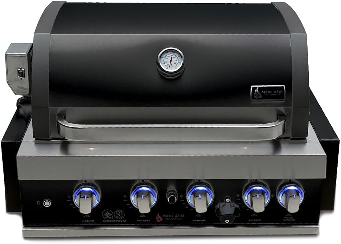 Mont Alpi Black Stainless Steel Outdoor Kitchen Island 32"W 4-Burner Built-in BBQ Grill + Accessories - Flat Top Griddle Hot Plate + Pizza Kit with Cutter & Stone + Spatulas + Tongs + Cleaning Brush