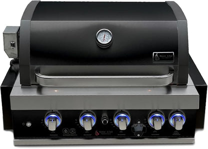 Mont Alpi Premium 32"W x 23"D x 21"H Black Stainless Steel 4-Burner 63000 BTUs Outdoor Kitchen Kitchen Island Heavy Duty Propane Built-in BBQ Gas Grill Head with Infrared Rear Burner + Rotisserie Kit