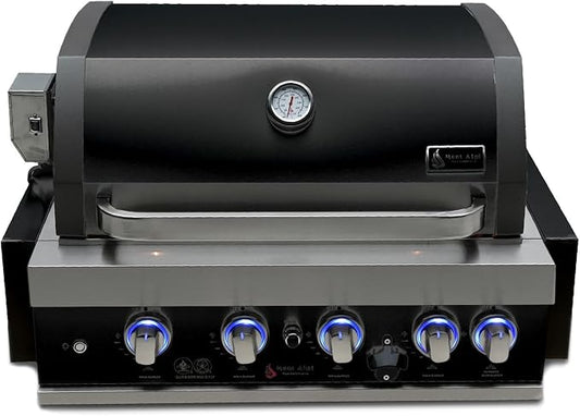 Mont Alpi Premium 32"W x 23"D x 21"H Black Stainless Steel 4-Burner 63000 BTUs Outdoor Kitchen Kitchen Island Heavy Duty Propane Built-in BBQ Gas Grill Head with Infrared Rear Burner + Rotisserie Kit