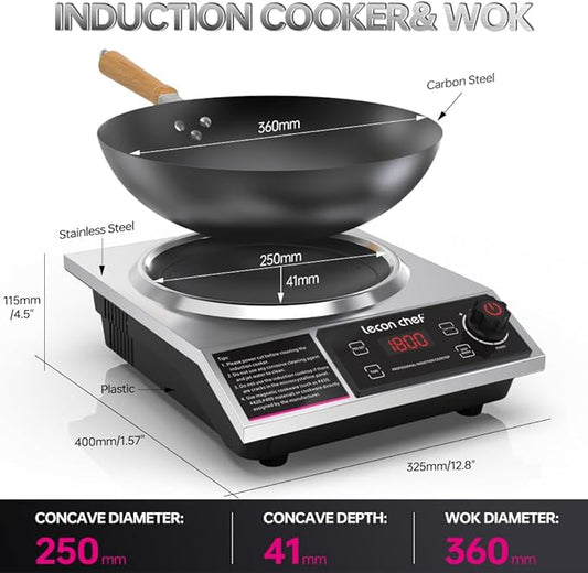 leconchef Induction Cooker with Wok 1800W Professional Electric Induction Burner with 11-Level Setting for Cooking,24-hour Timer and Preset,Keep warm,14" Carbon Steel Wok Included