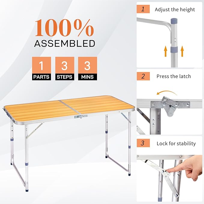 4.0 Ft Folding Portable Camping Table with Three Adjustable Heights, RV Tables for Inside a Camper, Outdoor, BBQ, Dining, Picnic, Beach, Garden, Party, Yellow