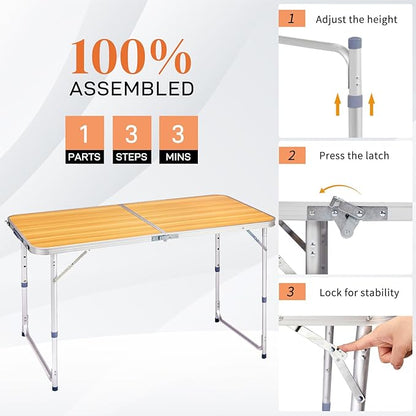 4.0 Ft Folding Portable Camping Table with Three Adjustable Heights, RV Tables for Inside a Camper, Outdoor, BBQ, Dining, Picnic, Beach, Garden, Party, Yellow