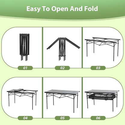 Nice C Portable Aluminum Roll-Up Top Folding Camping Table (Black) | Lightweight Collapsible Table, Mesh Net, Cup Holder, Steel Frame, Carry Bag, Outdoor, Indoor, Sports, Picnic, BBQ