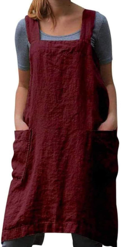 TBA Cotton Linen Apron Cross Back Apron for Women with Big Pockets Square Pinafore Dress for Baking Cooking BBQ & Grill