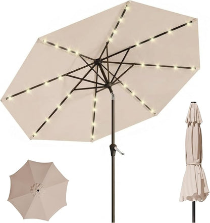 10FT Solar Lighted Patio Umbrella, Outdoor Table Market Umbrellas with Push Button Tilt and Crank, 32 LED Lights, 8 Sturdy Ribs, UV-Resistant for Deck, Garden, Pool