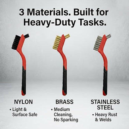 Wire Brush Set 9 Pack – 3 Brass, 3 Stainless Steel, 3 Nylon Detail Brushes for Rust Removal, Metal Cleaning, BBQ Grill, Auto Parts, Household Deep Cleaning – Wire Brushes for Multi-Purpose Use
