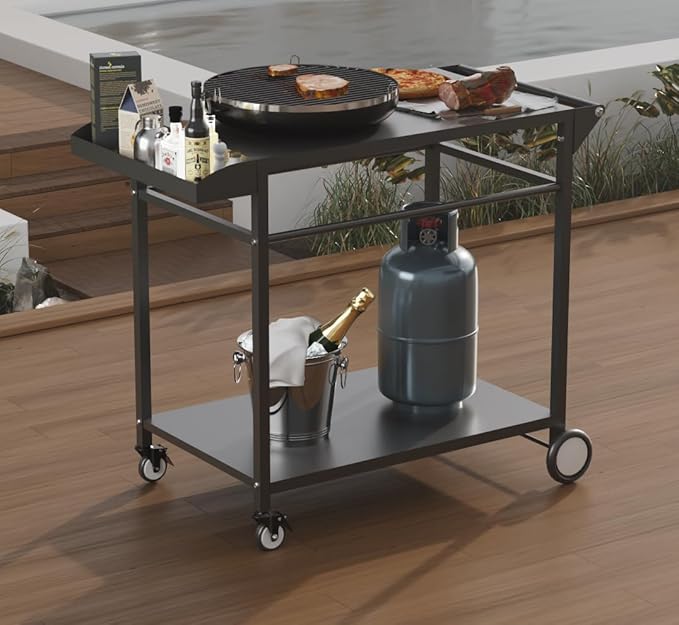 Koutemie Outdoor Grill Cart Table with 4 Wheels for Blackstone 17" or 22", Movable BBQ Food Prep Table Top, Double-Shelf Metal Pizza Oven Worktable with Spice Tray for Patio, Backyard, Black