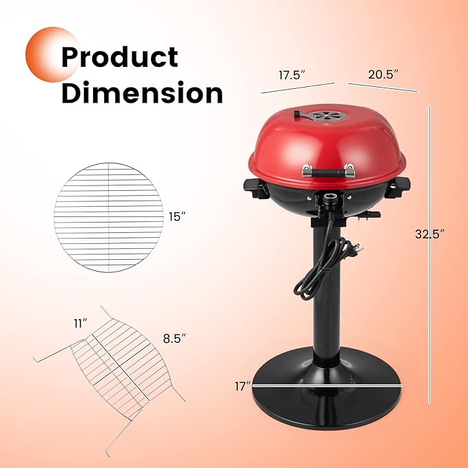 ORALNER Electric BBQ Grill with Stand, Warming Rack & Drip Tray, 15-Serving Electric Griddle Indoor & Outdoor Cooking Grilling Portable Patio Grill, for Balcony, Garden, Apartment, 1600W (Red)