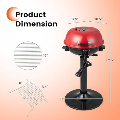ORALNER Electric BBQ Grill with Stand, Warming Rack & Drip Tray, 15-Serving Electric Griddle Indoor & Outdoor Cooking Grilling Portable Patio Grill, for Balcony, Garden, Apartment, 1600W (Red)