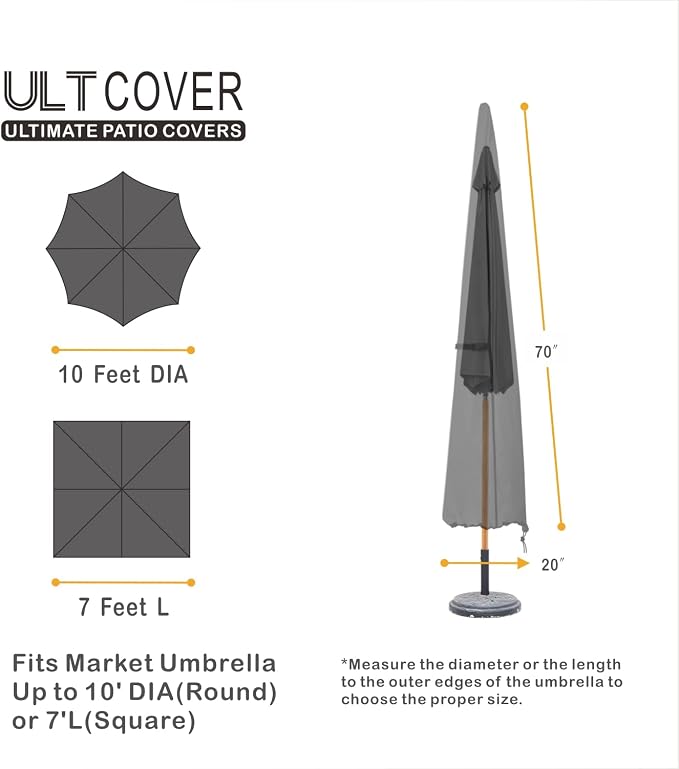 ULTCOVER Patio Parasol 600D Waterproof Outdoor Market Umbrella Cover - Fits Market Umbrella 7-10 Feet, Black