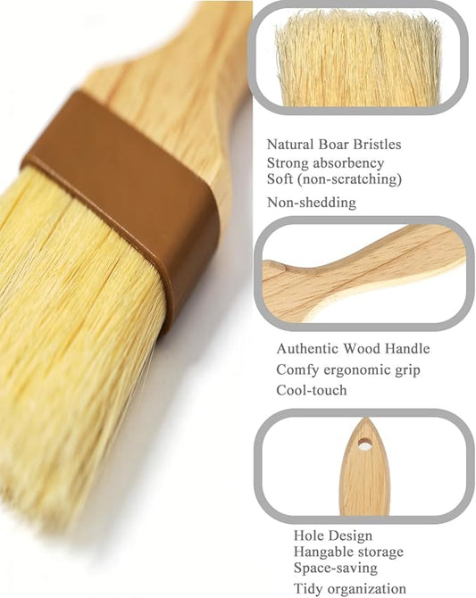 Pastry Basting Brush - Food Grade, No Shedding Natural Bristle, Heat Resistant Wooden Handle, Durable Kitchen Tool for Baking, Cooking, Butter, Egg Wash, Glazing, Oil, Sauce (1" & 1.5")