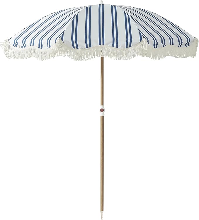 6FT Striped Fringe Beach Umbrella, Sand Anchor, UPF 50+ Sun Shade | Adjustable Tilt & Portable Design, Coastal Umbrella for Beach & Patio, Heritage Ocean Blue Stripe