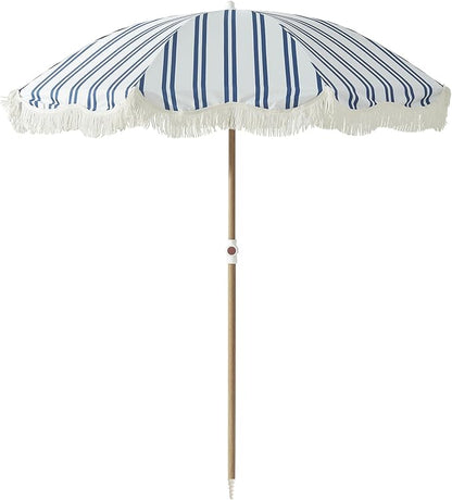 6FT Striped Fringe Beach Umbrella, Sand Anchor, UPF 50+ Sun Shade | Adjustable Tilt & Portable Design, Coastal Umbrella for Beach & Patio, Heritage Ocean Blue Stripe