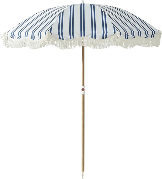6FT Striped Fringe Beach Umbrella, Sand Anchor, UPF 50+ Sun Shade | Adjustable Tilt & Portable Design, Coastal Umbrella for Beach & Patio, Heritage Ocean Blue Stripe