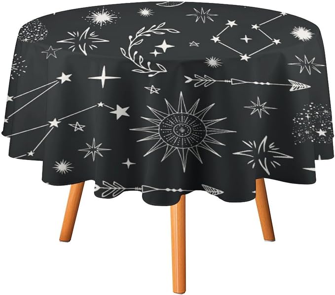 Sun Moon Round Tablecloth Boho Astrology Celestial Constellation Star Crescent Galaxy Space Table Cloth Water Resistant Wipeable Table Cover for Picnic Party Holiday Kitchen Dinner Table 36"
