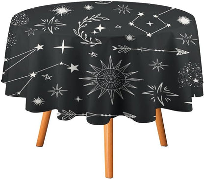Sun Moon Round Tablecloth Boho Astrology Celestial Constellation Star Crescent Galaxy Space Table Cloth Water Resistant Wipeable Table Cover for Picnic Party Holiday Kitchen Dinner Table 36"