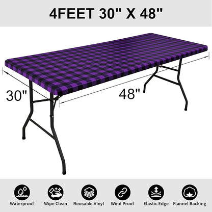 Smiry Rectangle Picnic Table Cloth, Elastic Waterproof Fitted Vinyl Tablecloths, Flannel Backed Buffalo Plaid Table Covers for Dining, Camping, Outdoor (Black and Purple, 30" x 48")