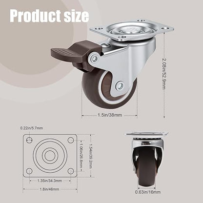 Nefish 1.5 Inch Caster Wheels Rubber Castor with Brake 360 Degree Rotation Top Plate Swivel Casters for Furniture, Table and Toolbox, 300 Pounds Capacity for Set of 4 (Free Screws and Screwdriver)