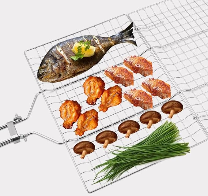 Foldable Grill Basket,Portable Stainless Steel BBQ Barbecue Grilling Basket,With Removable Handle,For Vegetables,Steak,Fish,Shrimpand Whether At Home or OutdoorsBBQ,It Is A Very Practical Barbecue