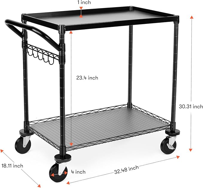 680Lbs Capacity Heavy Duty Rolling Utility Cart,2 Tier Rolling Carts with Wheels,Commercial Grade Metal Cart with Handle Bar & Shelf Liner,Trolley Serving Cart for Restaurant,Kitchen,Black
