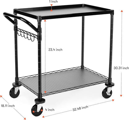 680Lbs Capacity Heavy Duty Rolling Utility Cart,2 Tier Rolling Carts with Wheels,Commercial Grade Metal Cart with Handle Bar & Shelf Liner,Trolley Serving Cart for Restaurant,Kitchen,Black