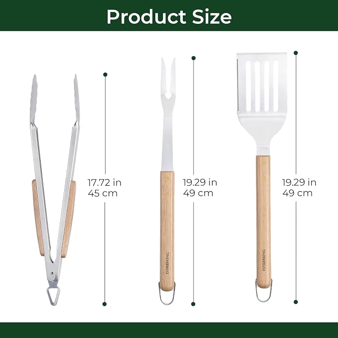 3Pc Wooden BBQ Tool Set, Heavy Duty Spatula, Fork & Tongs | Includes a versatile spatula, heavy-duty fork, and locking tongs for professional barbecuing