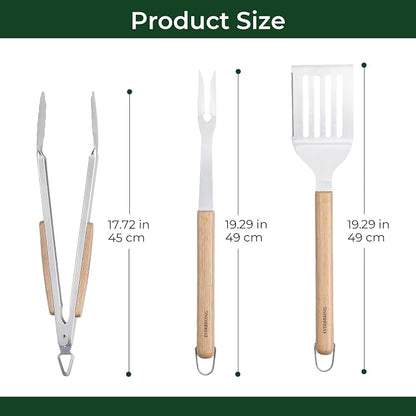 3Pc Wooden BBQ Tool Set, Heavy Duty Spatula, Fork & Tongs | Includes a versatile spatula, heavy-duty fork, and locking tongs for professional barbecuing