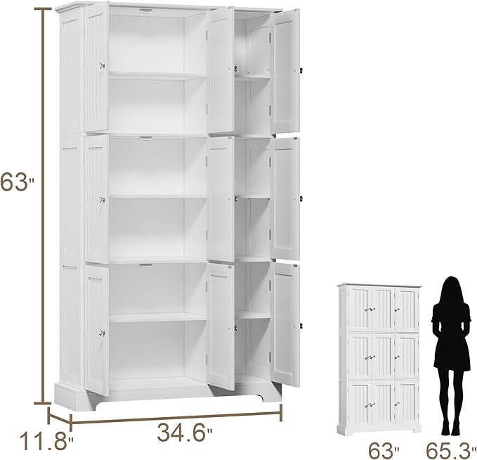 ChooChoo 63.2" Tall Bathroom Storage Cabinet with 9 Doors | Narrow Floor Cabinet, Adjustable Shelves, Slim Pantry Cabinet for Bathroom, Kitchen, Laundry Room, White