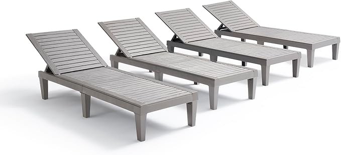 Nestl Sun Tanning Chair - Light Grey Chaise Lounge Chair Outdoor, Lightweight Pool Lounge Chairs Set of 4, Adjustable 5-Position Reclining Lawn Chair, Waterproof Beach Outdoor Lounge Chairs