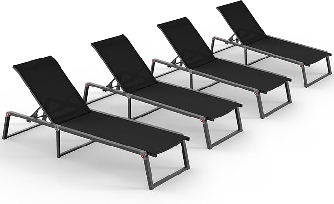 Aluminum Chaise Lounge Chair Outdoor, Foldable& No Assembly Patio Pool Lounge Chairs 5-Position Recliner for Outside, Fully Grounded Legs Sun Lounger for Poolside, 4 Packs, Black