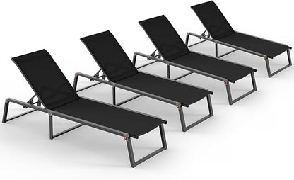 Aluminum Chaise Lounge Chair Outdoor, Foldable& No Assembly Patio Pool Lounge Chairs 5-Position Recliner for Outside, Fully Grounded Legs Sun Lounger for Poolside, 4 Packs, Black
